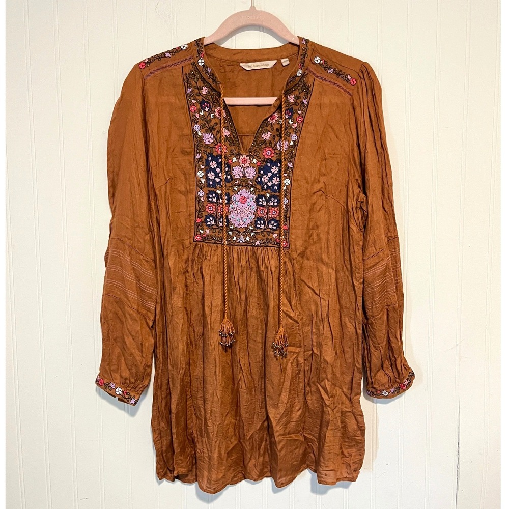 Soft Surroundings Tunic Top Womens S Brown Embroidered Boho western